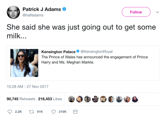 Patrick J. Adams Tweets Joke Meghan Markle Suits Co Star Royal Engagement