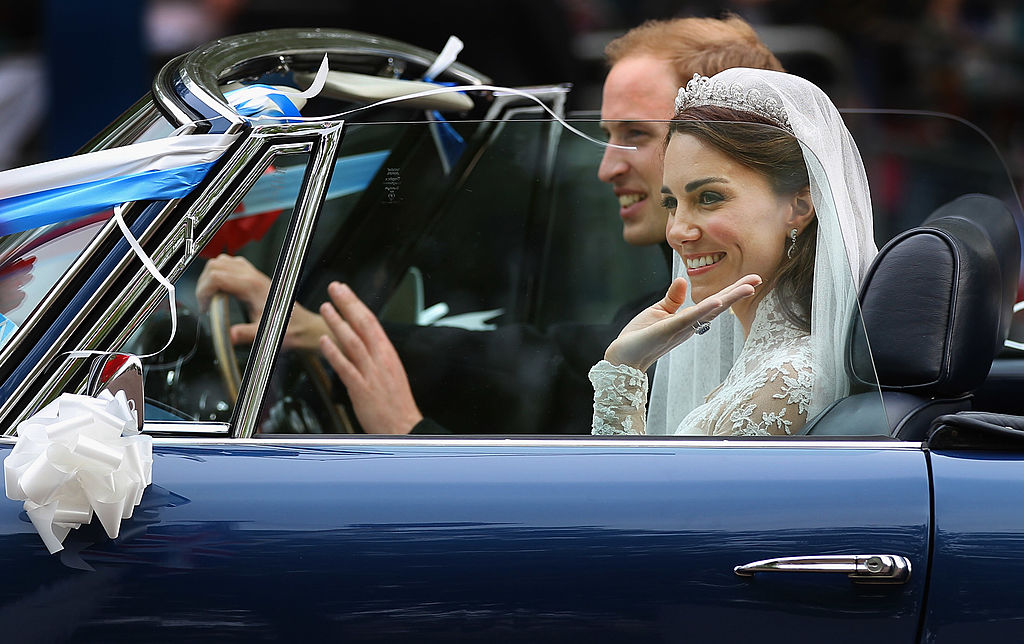 Prince William Kate Middleton Newlyweds Drive Off Princes Charles Vintage Aston Martin Royal Wedding April 2011