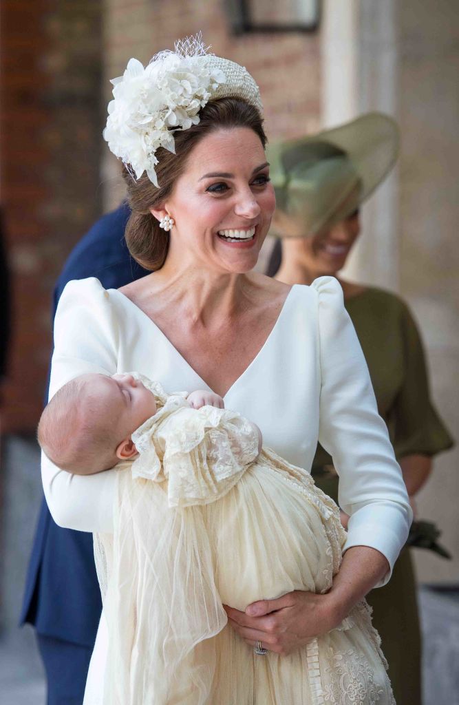 Kate Middleton Smiles Cream Jane Taylor Embellished Headband Prince Louis Christening July 2018